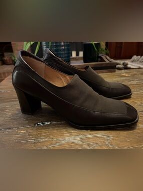 Donald J. Pliner Dark Brown Low Block Heel Slip-On Pumps